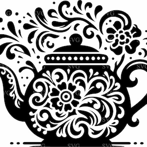 4 Teiera decorata SVG 4 File di taglio, Silhouette di bollitore da tè floreale vintage, Elegante decorazione da cucina Design digitale per Cricut