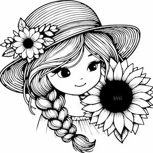 Jolie fille avec tournesol SVG 5 couper fichier | Art lunatique de silhouette de jardin | Illustration florale de fille pour l'artisanat