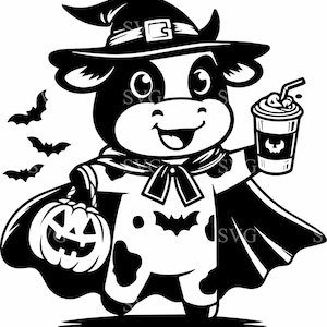 4 Halloween 4 Cow SVG, Mucca carina in costume, Clipart "Dolcetto o scherzetto", File di taglio per decorazioni autunnali, Disegno vettoriale di mucca spettrale