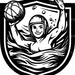 Puede incluir: Ilustración en blanco y negro de una persona nadando con un balón de waterpolo en forma de escudo.