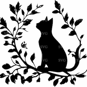 Silhouette di gatto SVG, 8 eleganti file di taglio di gatti su rami, clipart di felini floreali, download digitale ispirato alla natura