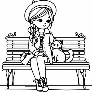 Schattig meisje met kat op bankje SVG, 4 schattige jongen en huisdier silhouet snijden, buitenscène SVG voor Cricut & Silhouette