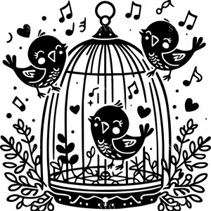 10 mignon cage à oiseaux SVG - 10 oiseaux chanteurs Clipart coupe fichier - scène musicale inséparable pour travaux manuels Cricut, cartes et décoration de chambre d'enfant