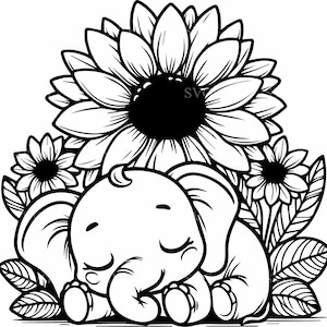 Elefante addormentato con girasole SVG, 4 simpatici file di taglio floreale per Cricut e Silhouette Crafts