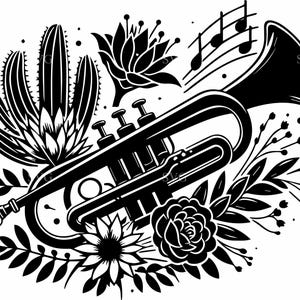 4 Trompetas Florales SVG - 4 Cactus Boho Archivo de Corte Musical para Cricut, Decoración de Bandas de Jazz, Regalos para Músicos y Proyectos de Manualidades con Vinilo