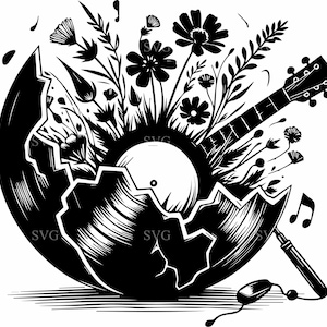 5 wilde bloemen muziek SVG-5 vinylplaten gitaar gesneden bestand voor Cricut, boho bloemen decor, natuurgeluid kunst & ambachtelijke projecten
