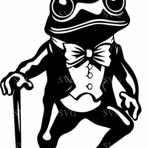 Può includere: Un'illustrazione in bianco e nero di una rana che indossa un cappello a cilindro, un papillon e uno smoking. La rana tiene un bastone nella mano destra.