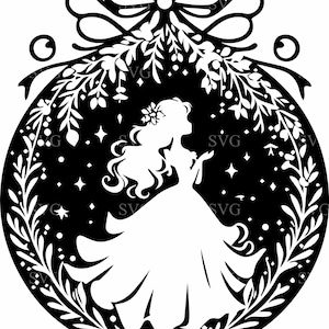 4 Prinzessin Ornament SVG 4 Schnittdatei - Elegante Mädchen Silhouette im Weihnachtskranz - Weihnachtsverzierung Clipart Design