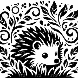 6 archivos de corte SVG de erizo, diseño de Cricut de animales del bosque, silueta de bosque, naturaleza, hojas florales, arte cortado con láser