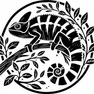 Caméléon SVG 7, lézard exotique sur une branche avec des feuilles de l'art vectoriel, des cliparts complexes de la faune