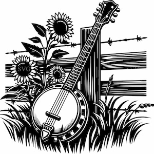 7 fichiers SVG Tournesol Banjo - 7 clôture rustique - Clipart scène de musique country pour travaux manuels Cricut, décoration de ferme et projets de bricolage