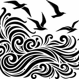 Könnte beinhalten: Schwarz-weiße Grafik von stilisierten Meereswellen mit vier fliegenden Möwen. Die Wellen werden durch wirbelnde Linien und Kurven dargestellt, wodurch ein Gefühl der Bewegung entsteht. Die Möwen befinden sich in verschiedenen Positionen.