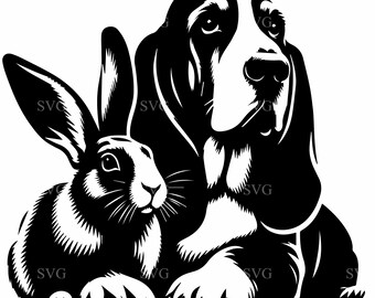 Basset Hound and Rabbit SVG, Dog and Bunny Silhouette Cut File