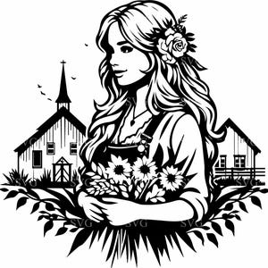 Fichier de coupe 4 de fille de fleur de fleur - fille tenant le bouquet avec la scène de grange et d'église, parfait pour l'artisanat de ferme