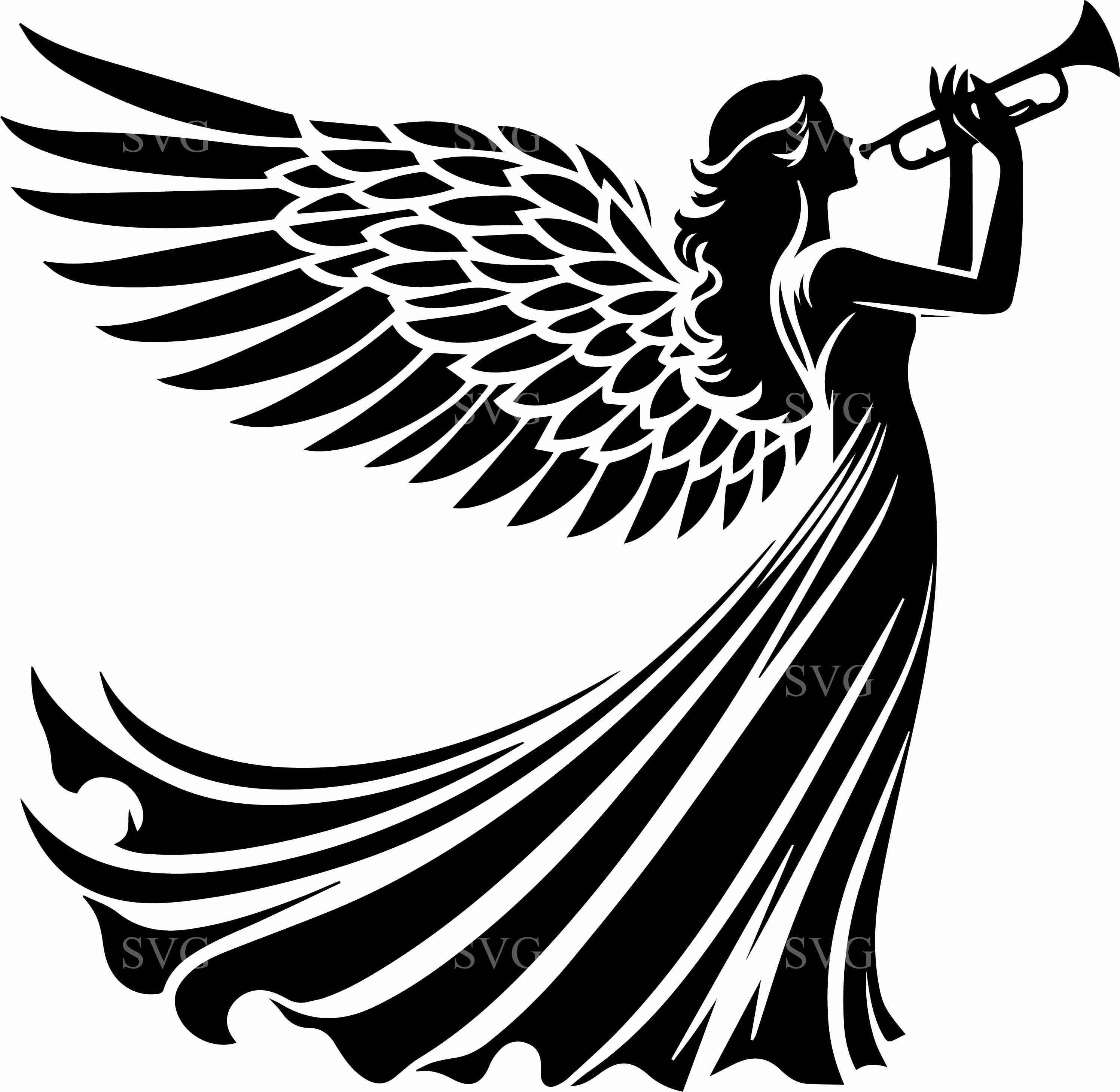 10 Flowing Winged Angel Trumpet SVG – Angel Silhouette Cut File for ...