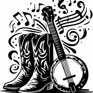 4 musique country SVG - fichier coupe banjo et bottes de cowboy - Clipart western pour travaux manuels Cricut, chemises de concert et décoration rustique