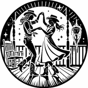 May include: Black and white illustration of a couple in cowboy hats dancing on a porch. The couple is silhouetted against a starry night sky. There is a rocking chair and a porch light in the background.