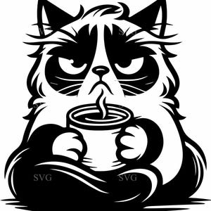 May include: Black and white illustration of a grumpy cat holding a coffee mug. The cat has a frowning expression and is surrounded by black fur. The mug has steam rising from it. The letters "SVG" are in the bottom corners.