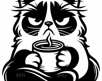 8 Grumpy Cat Coffee SVG – File di taglio di animali divertenti – Design sarcastico per magliette, creazioni con silhouette Cricut, regalo per gli amanti del caffè