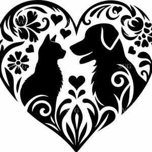 Fichier de coupe SVG coeur chat et chien 7 | 7 Clipart Silhouette amour animal de compagnie | Design animalier Cricut pour les vétérinaires, les sauveteurs ou les amateurs d'animaux de compagnie