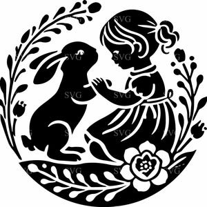 6 Mädchen und Hase Blumen SVG - 6 Waldszene mit Kranz - Niedliche Schnittdatei für Kunsthandwerk und Dekor
