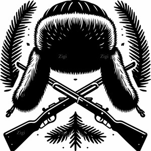 Pode incluir: Uma ilustração gráfica a preto e branco com um chapéu de caçador com forro de pelo ao centro, posicionado sobre duas espingardas cruzadas. Ladeando o chapéu estão duas grandes frondes de feto, com um pequeno ícone de pinheiro em baixo.