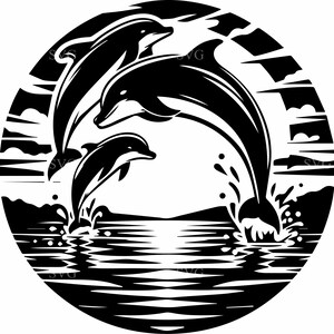 4 Ocean sunset scene – 4 Jumping dolphin SVG cut file in circle – Sea animal design for Cricut crafts, beach decor, vinyl projects