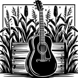 4 boerderijgitaar SVG PNG – 4 akoestische gitaar met korenveldkrat clipart, rustieke countrymuziek gesneden bestand voor herfst- of oogstdecor