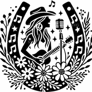 Musique de cow-girl SVG 7 fichier coupé - cow-girl chantant avec guitare, microphone, fer à cheval fleurs - conception de musique occidentale pour Cricut Silhouette