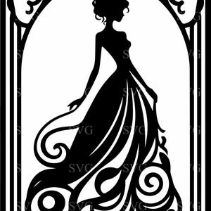 4 Dame élégante SVG, fichier de coupe Art nouveau femme Silhouette, conception de robe vintage tourbillon pour Cricut et Silhouette