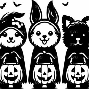 7 Cute Halloween Dogs SVG Cut File, Puppy Trio in Costumes with Pumpkins for Cricut, Trick or Treat Pet Clipart