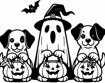 4 SVG de perro de Halloween, disfraces de bruja y fantasma, archivo de corte de silueta de Cricut