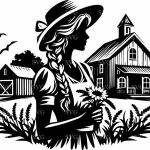 Fichier de coupe SVG 4 ferme rustique - fille avec un chapeau avec une ferme et une grange, idéal pour les travaux manuels de décoration champêtre