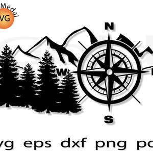 May include: Black and white silhouette design of a compass with mountains and pine trees. The compass points north, south, east, and west.  The design includes the words "N", "S", "E", and "W".