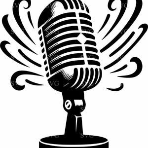 May include: A black and white illustration of a vintage microphone with sound waves emanating from it.