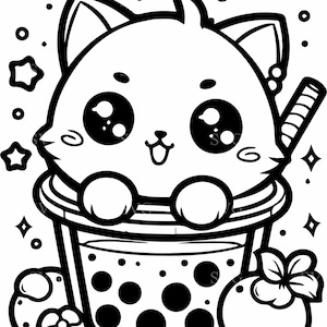 Könnte beinhalten: Schwarz-Weiß-Illustration eines niedlichen Katzencharakters in einer Bubble-Tea-Tasse. Die Katze hat große Augen und hält die Tasse fest. Es gibt Sterne und Früchte um die Tasse herum.