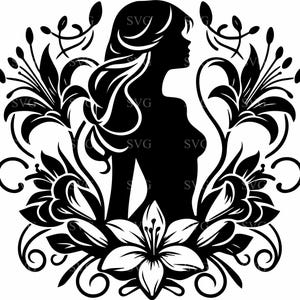 8 Floral Lady SVG Schnittdatei mit Blumen und wirbelt, elegante Frau Silhouette für Cricut und Handwerk Projekte