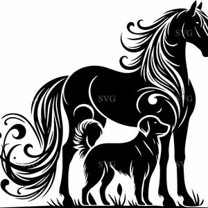 4 Cavalos e Cães SVG, Silhueta de 4 Amigos Leais, Vetor de Animais de Estimação Elegantes, Arquivo de Corte Cricut Farm Pets