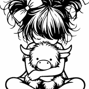 Fille étreignant la vache Highland SVG, fichier de coupe 5 animaux de ferme mignon, Silhouette pelucheuse de génisse, téléchargement numérique d'amour de pays