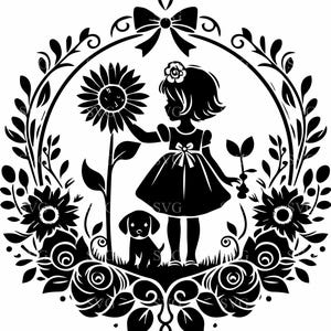 6 Menina com filhote de cachorro SVG 6 arquivo de corte, clipart floral de girassol, silhueta de animal de estimação fofo para Cricut, decalque de vinil, arte da natureza