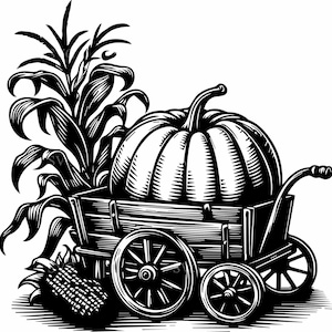 May include: Black and white illustration of a wooden wagon filled with a large pumpkin. Corn stalks and an ear of corn are positioned next to the wagon. The image has a vintage, harvest theme.