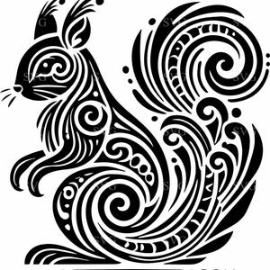 May include: Black and white silhouette of a stylised squirrel with intricate swirls and patterns throughout the body and tail.