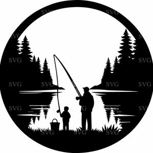 Archivo SVG de pesca en el lago, silueta de padre e hijo junto al agua, escena de naturaleza al aire libre para Cricut y manualidades láser.
