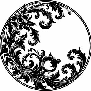 May include: Black and white circular design featuring ornate floral and leaf patterns. The design includes a central flower and swirling foliage, enclosed within a double-lined circle. The style is reminiscent of classic Victorian or Baroque art.