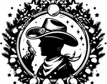 4 Cowboy Christmas Ornament SVG, Western Holiday Wreath Cut File (Digital Download)