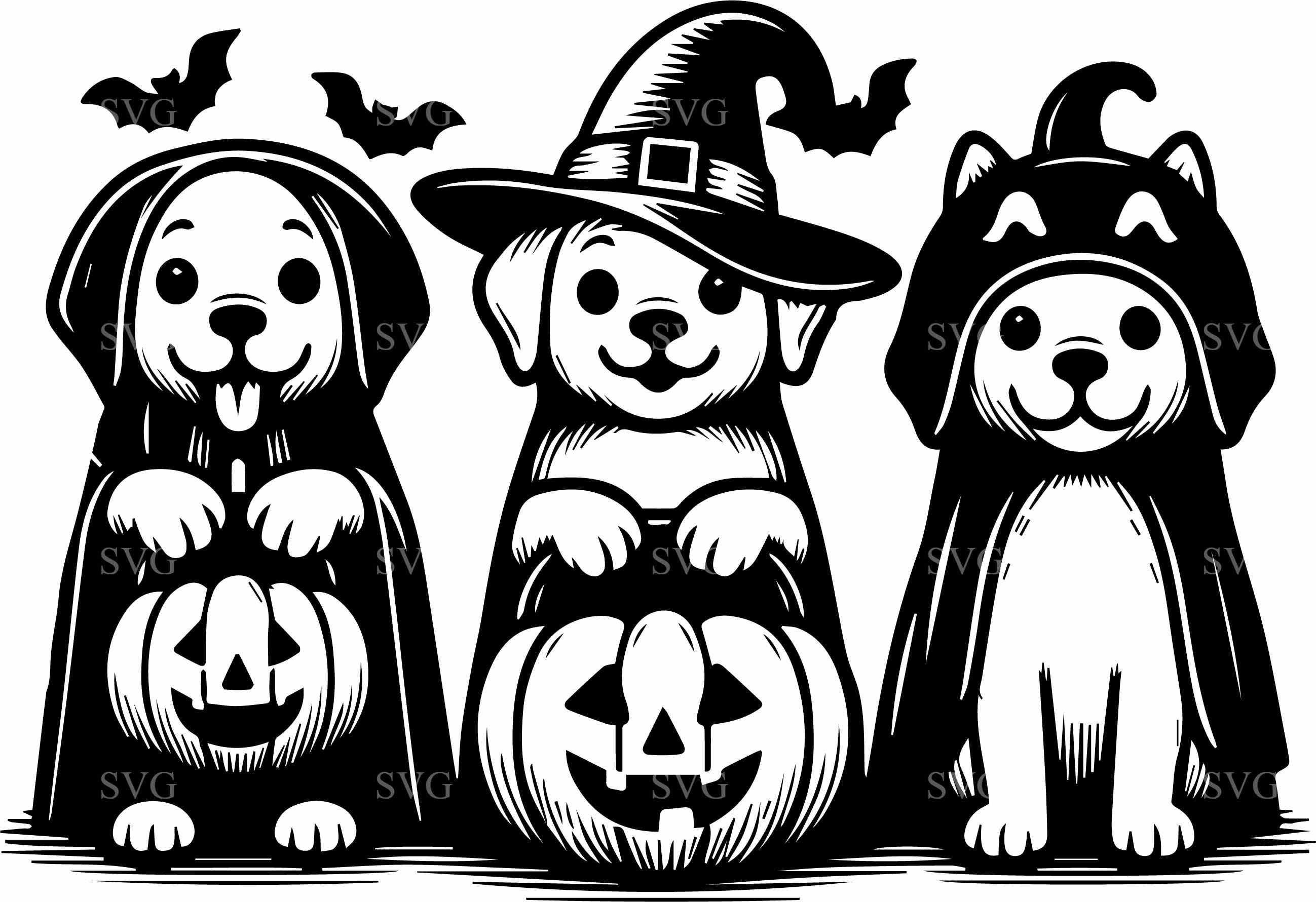 4 Halloween Dog SVG, Witch & Ghost Costumes, Cricut Silhouette Cut File ...