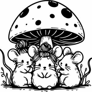 Op de afbeelding: Drie zwart-witte cartoonmuizen zijn verzameld onder een grote paddenstoel. De muizen hebben grote oren en dragen strikjes in hun haar. De paddenstoel heeft een witte steel en een bruine hoed met witte stippen.