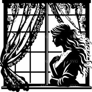4 Chica en la ventana SVG – 4 Archivos de corte de siluetas – Arte vectorial de escena serena para decoración del hogar y proyectos de manualidades