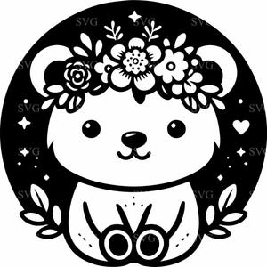 Fichier de coupe SVG ours mignon 8, Clipart ours couronne de fleurs avec chemise et feuilles, vecteur animal adorable pour travaux manuels Cricut