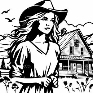 4 Silhouette de cow-girl fichier de coupe SVG 4 – femme au chapeau, cheveux flottants et grange, parfait pour les travaux manuels de décoration de ferme